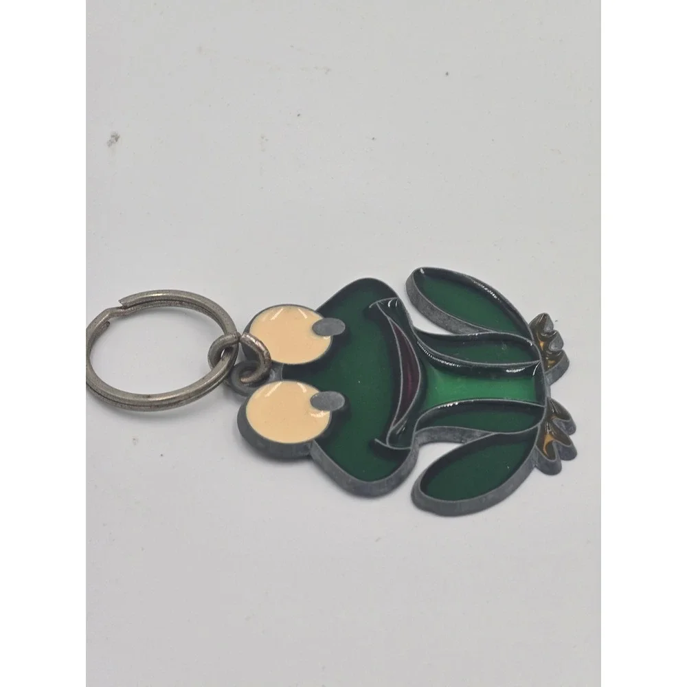 Vintage Green Frog Stained Glass Style Enamel Keychain Silver Tone Metal Ring